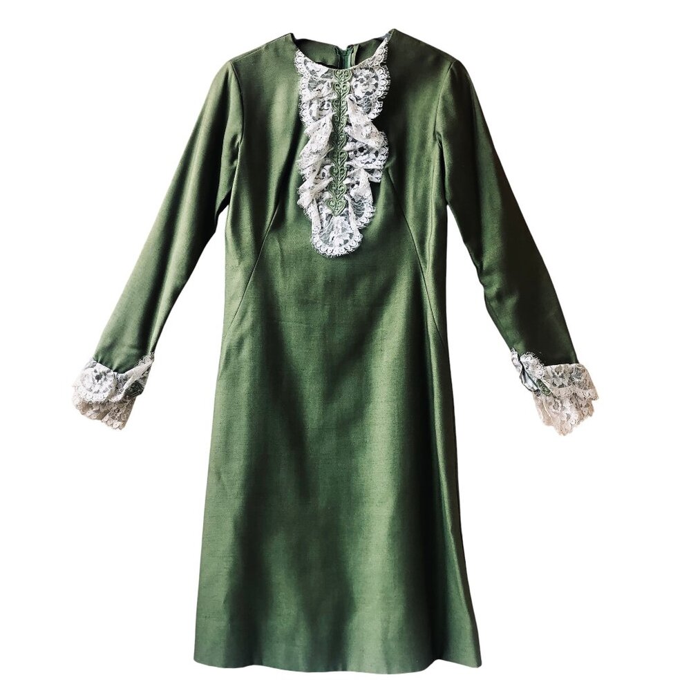 Vintage 60's Green Dress with Lace Handmade Edwardian MOD Cos Play XS XXS